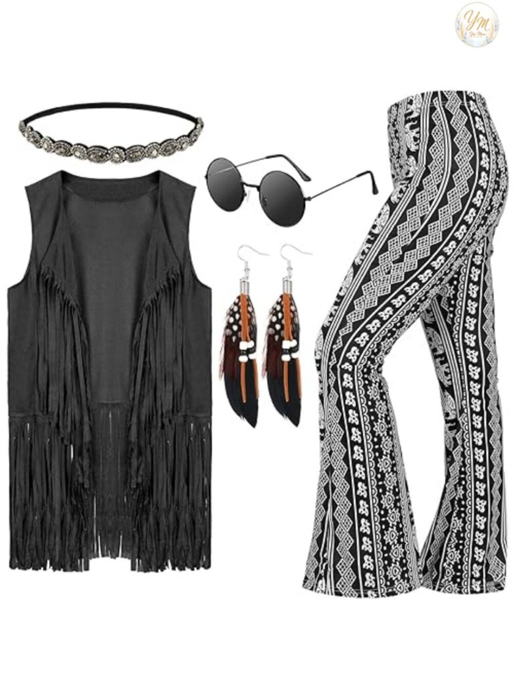 5 Pc 60s 70s Hippie Costume Set Faux Suede Fringe Vest Flare Pants